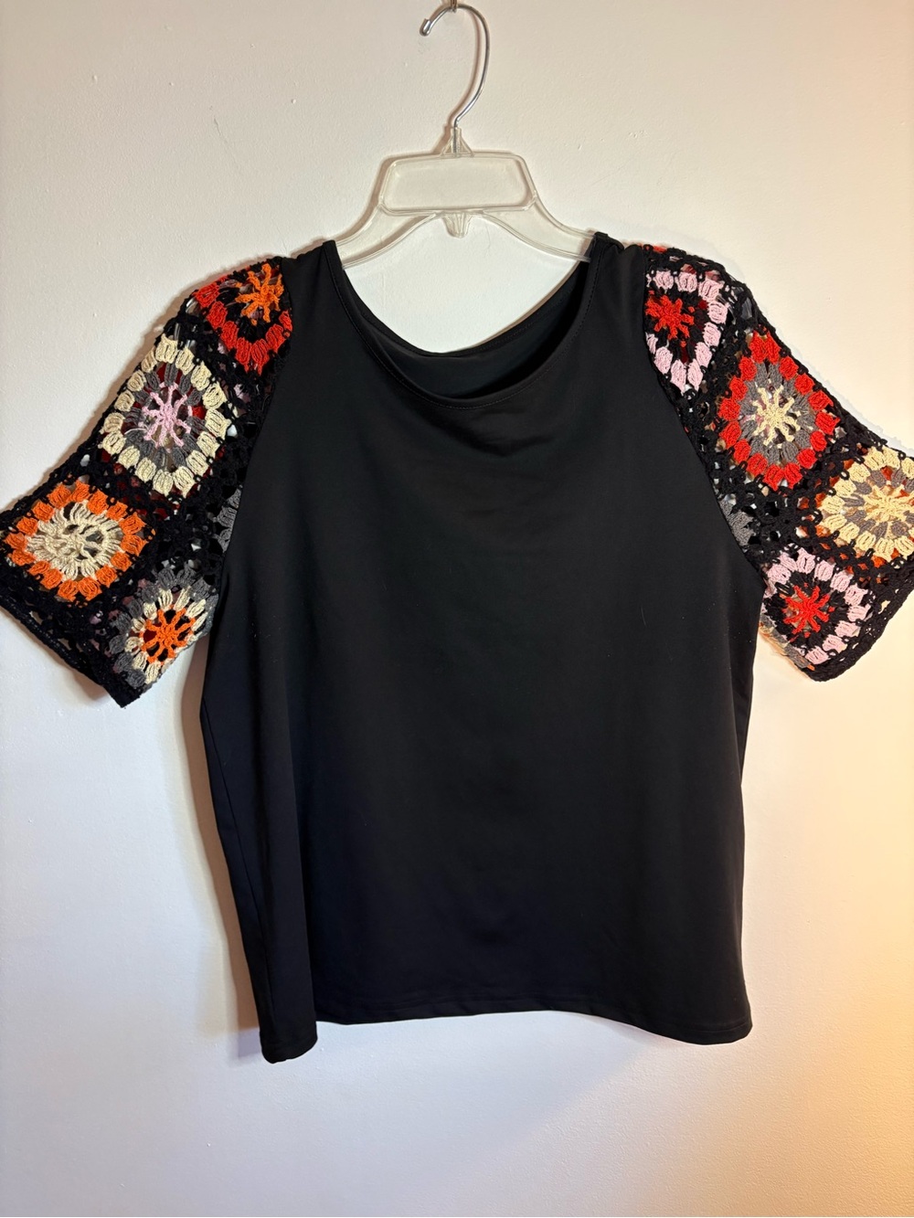 Boutique Black Top with Crochet Granny Square Sleeves Size Medium Boho